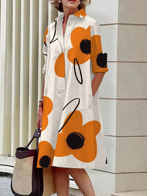 Long Sleeves Loose Flower Print Split-joint Lapel Midi Dresses Shirt Dress