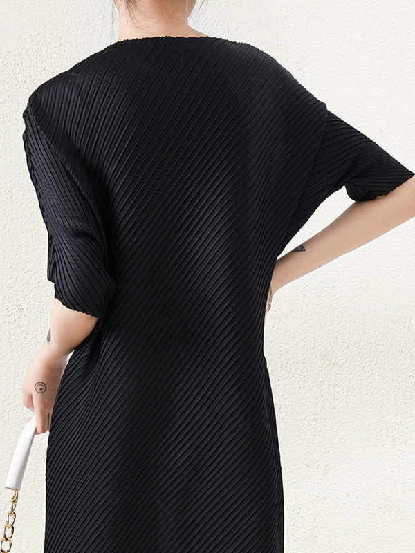 Stylish Irregularity Loose Pleated Color Round-neck Midi Dresses