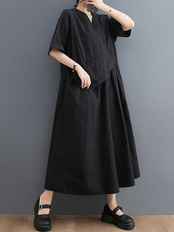 Loose Short Sleeves Pleated Color Split-joint V-neck Midi Dresses