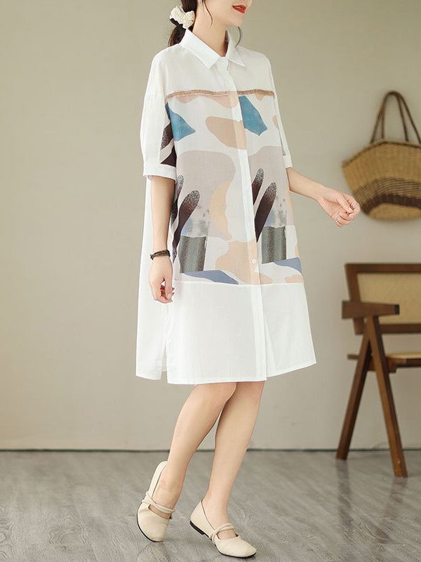 Loose Short Sleeves Printed Split-joint Split-side Lapel Midi Dresses