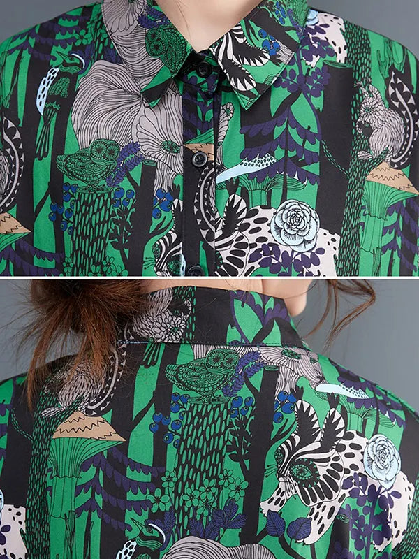 Short Sleeves Loose Printed Split-joint Lapel Midi Dresses Shirt Dress