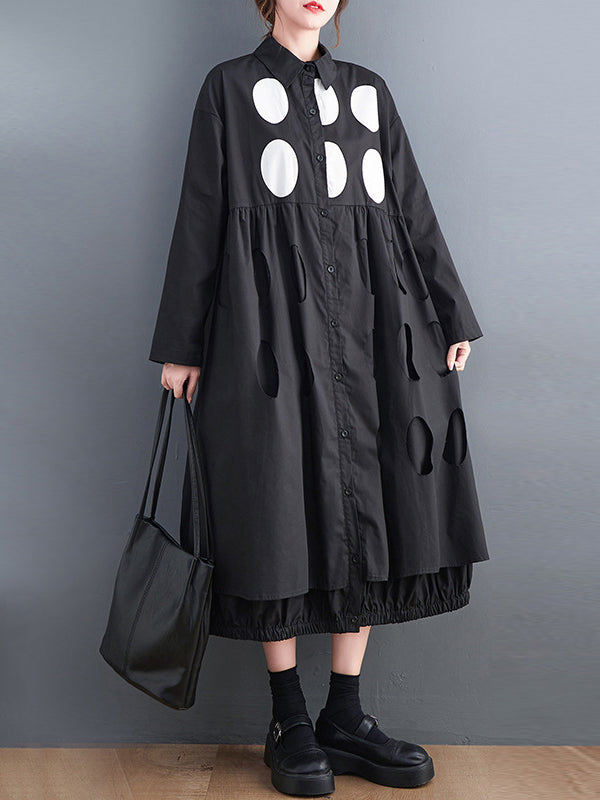 Stylish Long Sleeves A-line Polka Dot Polo Shirt Midi Dresses