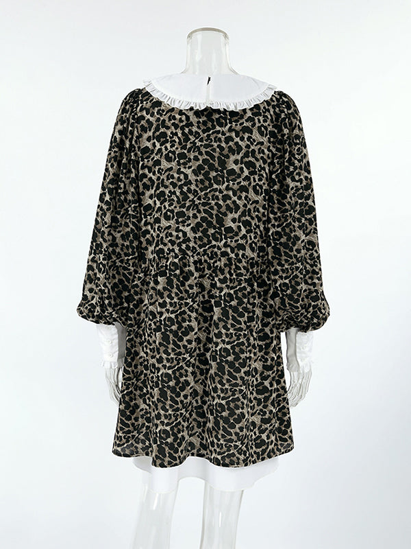 Puff Sleeves Contrast Color Falbala Leopard Split-joint Mini Dresses