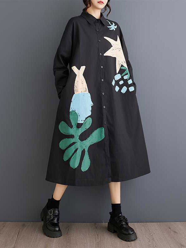 A-line Long Sleeves Buttoned Pockets Printed Split-joint Lapel Midi Dresses Shirt Dress