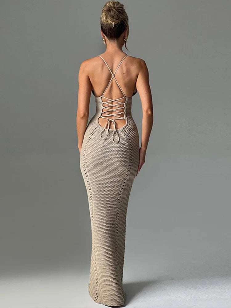 Hollow Out Backless Knit Dress for Spaghetti Strap Bandage Sleeveless Bodycon Club Party Long Dress