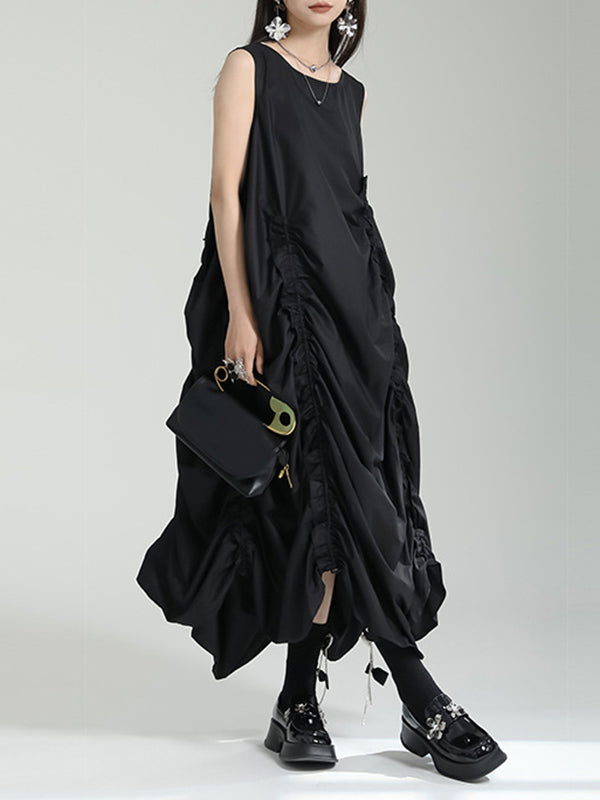 Loose Sleeveless Asymmetric Elasticity Pleated Color Round-neck Midi Dresses