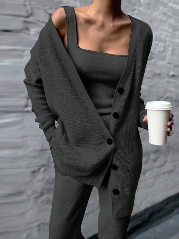 Knitted 3 Pices Set Cardigan Tops Tank Top and Loose Long Pants Suit Tracksuit Fall Winter