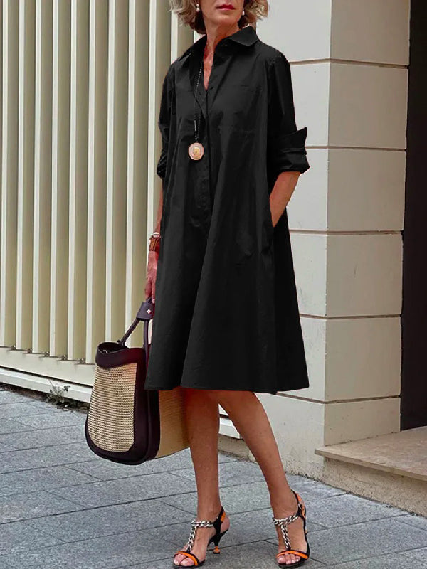 Simple Long Sleeves Color Lapel Midi Dress