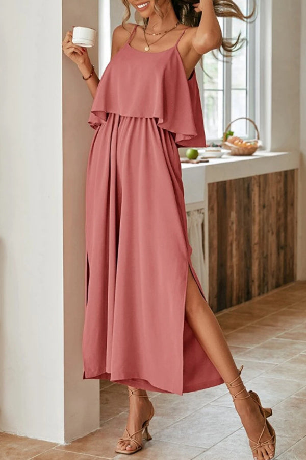 Comfort Slit Ruffled Suspenders Jumpsuit