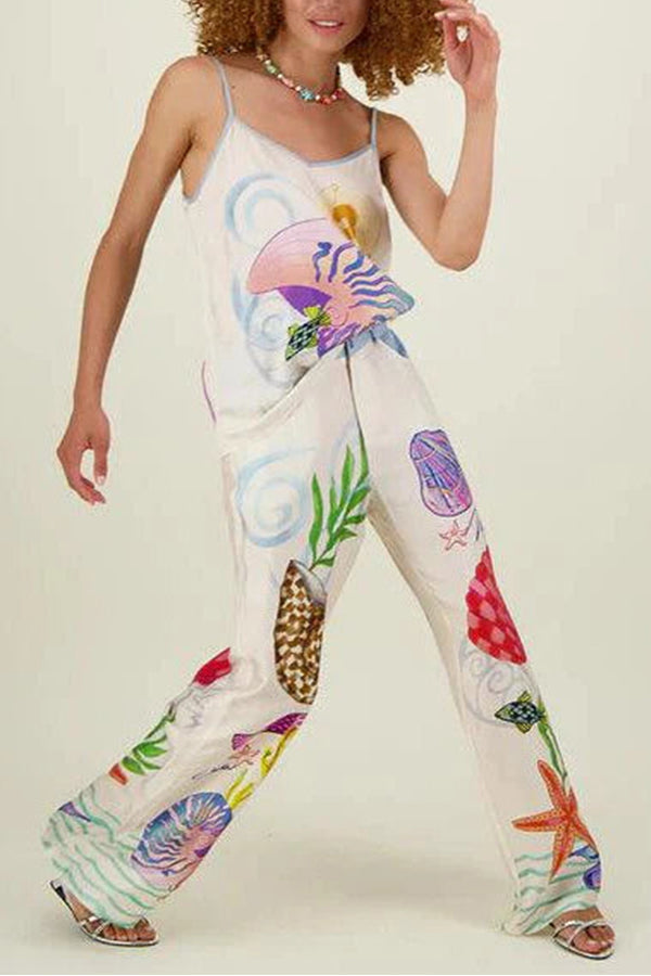 Dream Ocean Satin Unique Print Back Elastic Waist Pocketed Wide Leg Pants