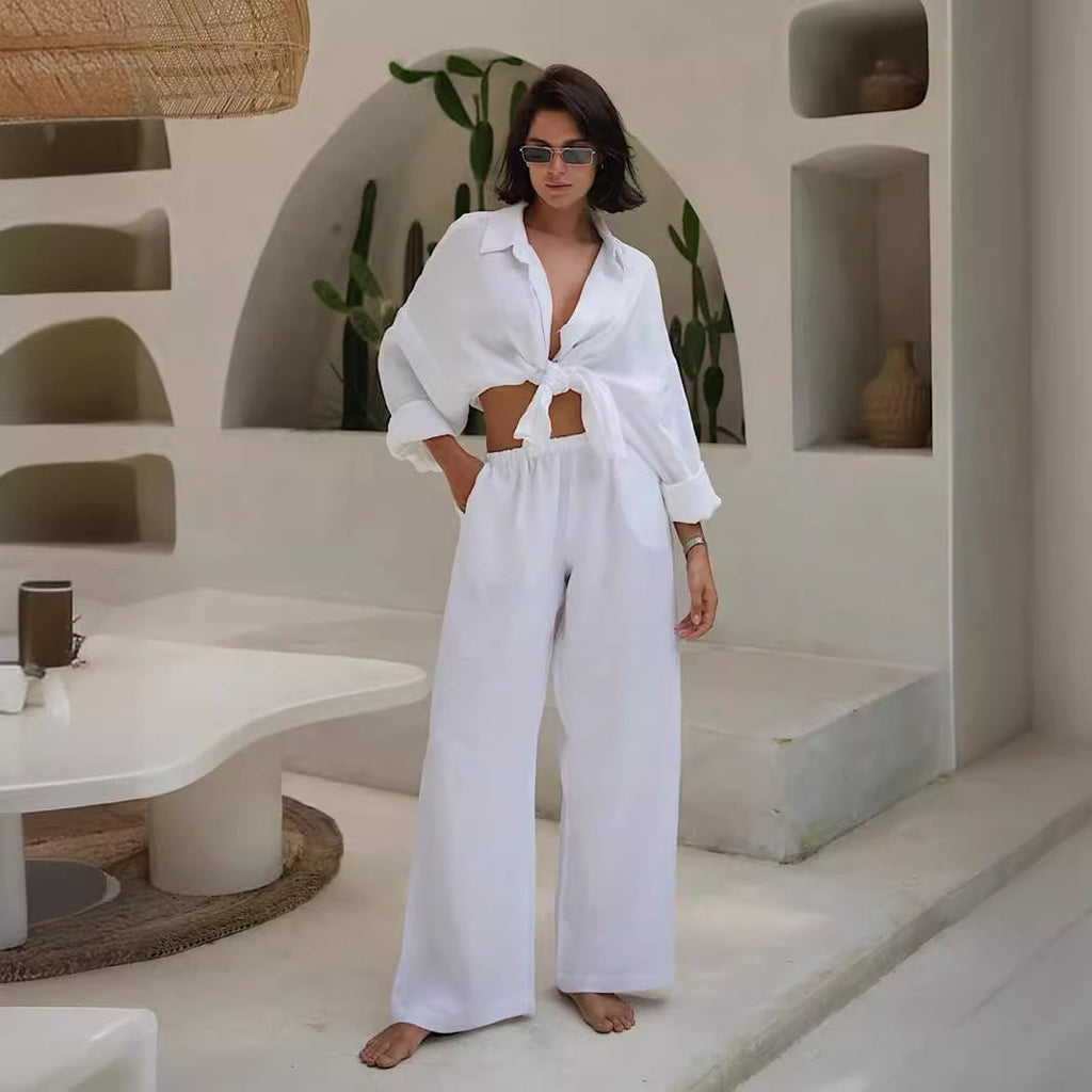 Cotton and Linen Shirt Drawstring Wide-leg Pants Set
