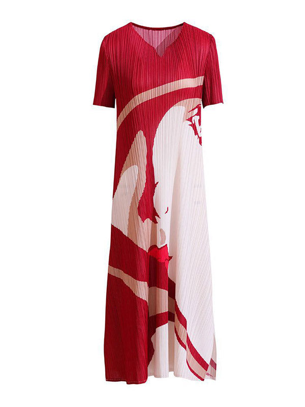 A-line Loose Figure Pleated V-neck Midi Dresses