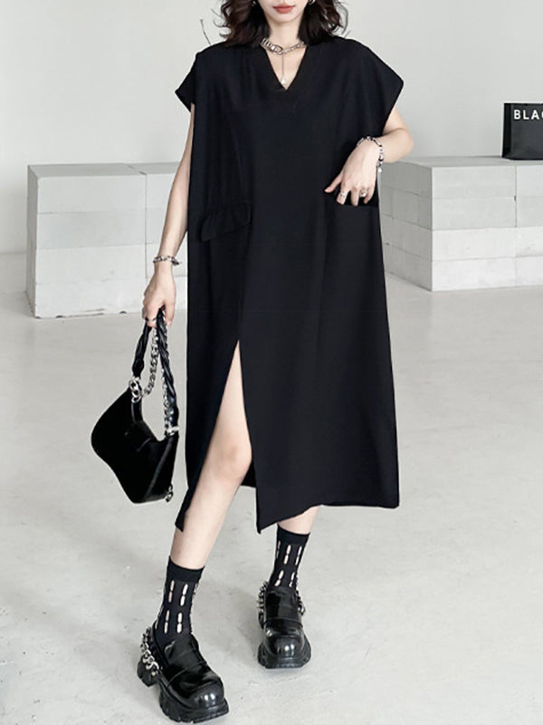 Loose Short Sleeves Asymmetric Color Split-joint Split-side V-neck Midi Dresses