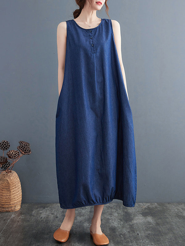 A-line Loose Buttoned Pleated Color Round-neck Midi Dresses