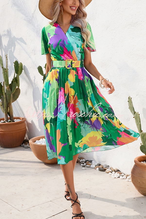 Paulette Contrast Print Belted Pleated Midi Dress