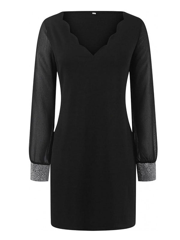 Long Sleeves Loose Elasticity See-through Split-joint V-neck Mini Dresses