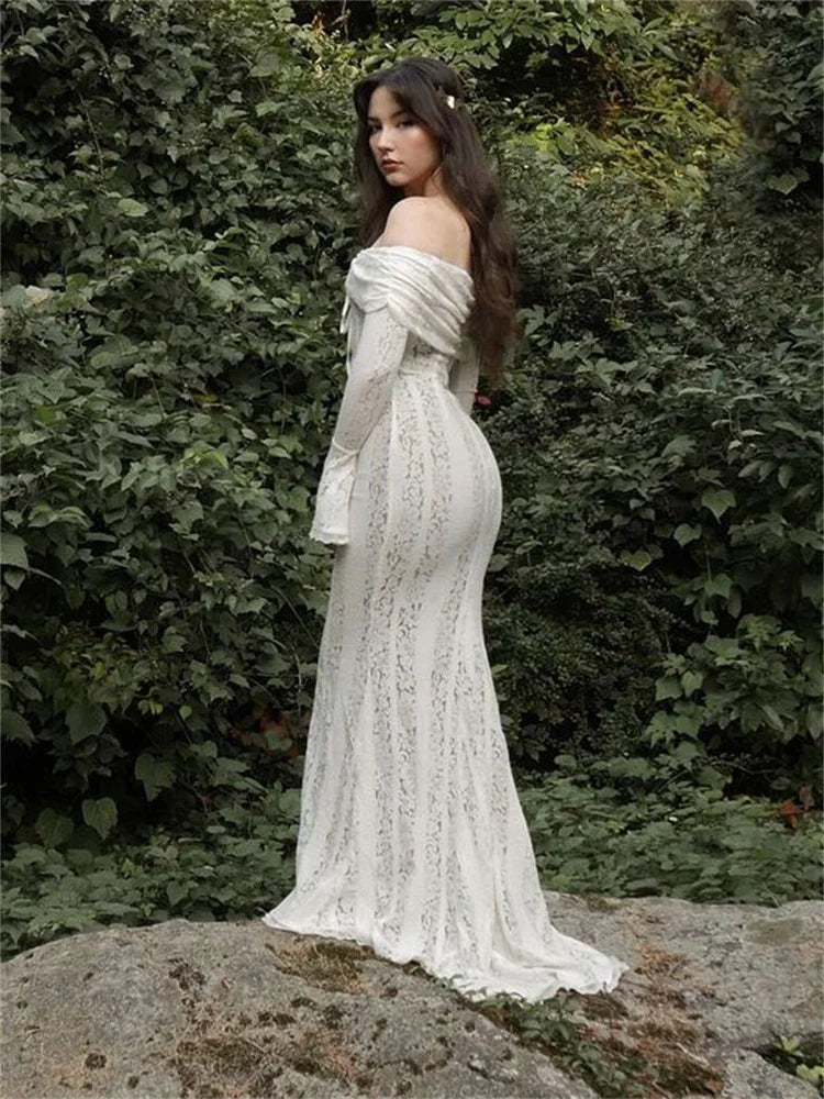 Autumn Lace Off-shoulder Long Dress for See-through Printed Lace-up High Waist Female Party Dress New