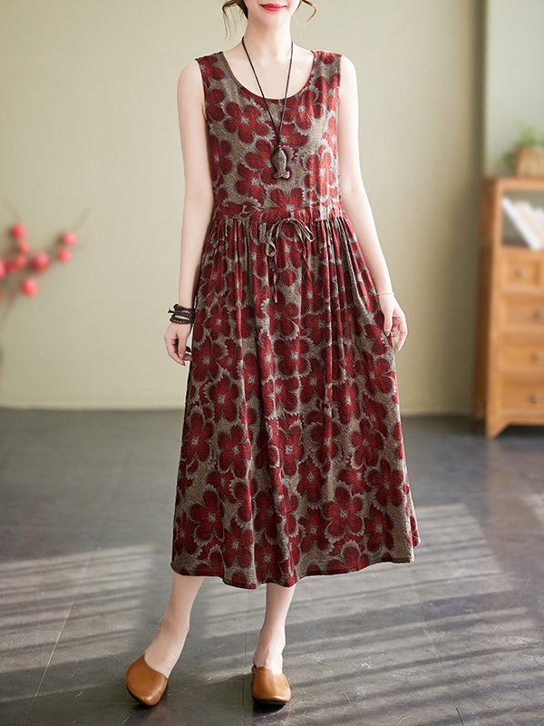 Loose Oversize Drawstring Printed Round-neck Midi Dresses