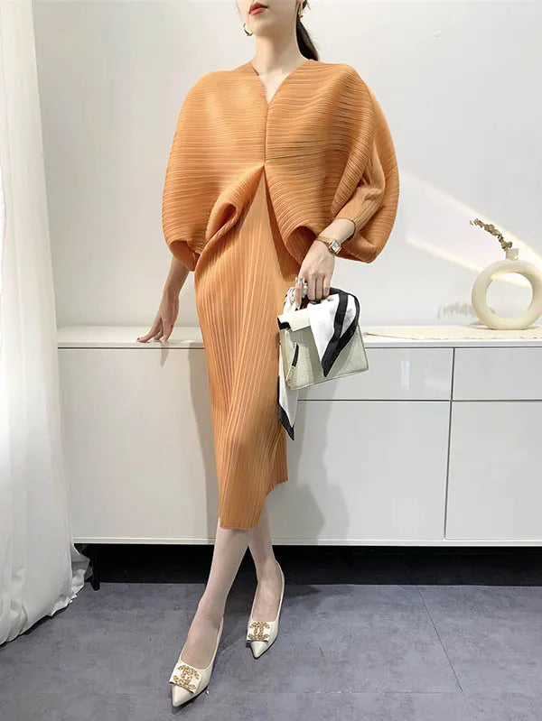 Original Creation Loose Batwing Sleeves Pleated Color V-neck Midi Dresses