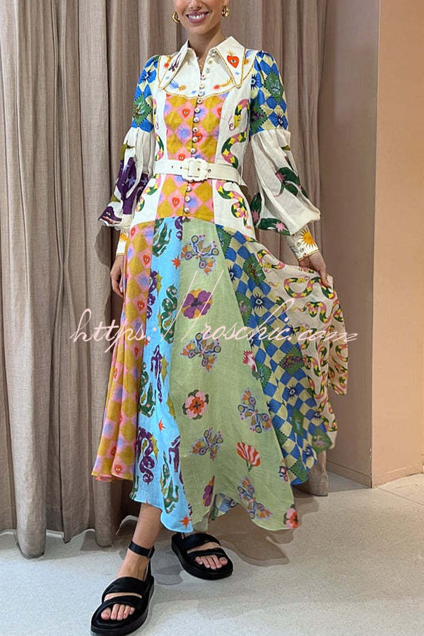 Bold and Irregular Unique Print Balloon Sleeve Belt Shirt Midi Dress