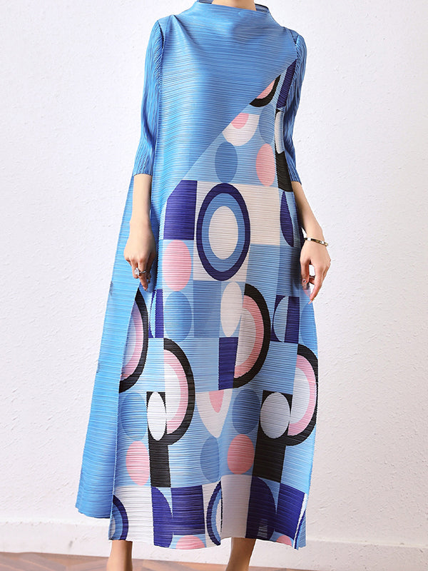 Loose Geometric Printed Pleated Midi Dress