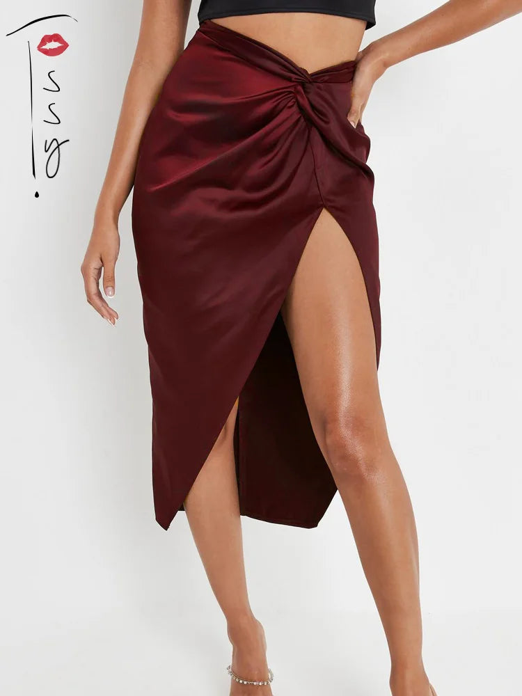 Satin High Splite Out Skirts Folds Irregular High Waist Bodycon Long Skirts Female French Style Outwears