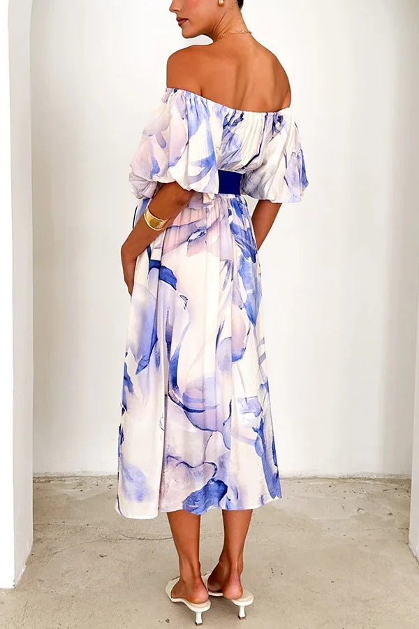 Print Puff Sleeve Tie-waist Midi Dress