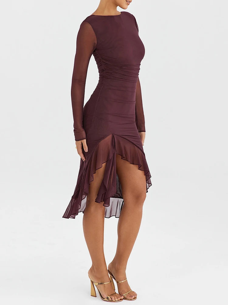 Ruffle Ruched Midi Dress for Robe Sheer Long Sleeve Backless Irregular Club Party Dress Vestido