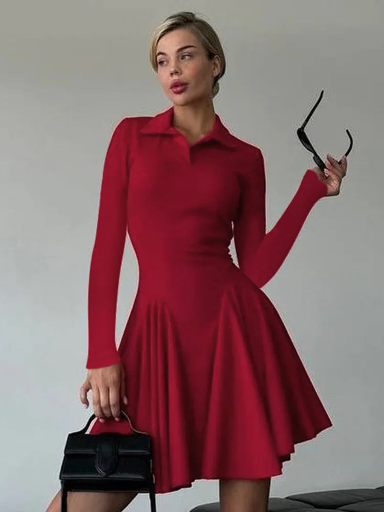Long Sleeve Pleated Knit Mini Dress for Robe Autumn Winter New Lapel High Waist Knitted Sweater Dress
