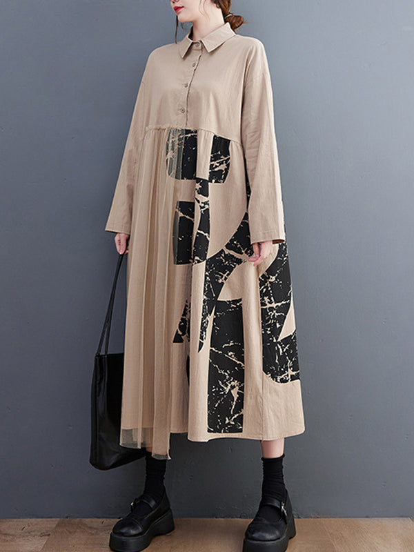 Long Sleeves Loose Contrast Color Split-joint Lapel Collar Midi Dresses