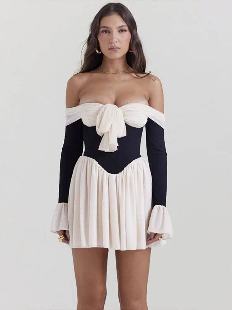Strapless Backless Mini Dress for New Off-shoulder Long Flare Sleeve Pleated Club Party Dress