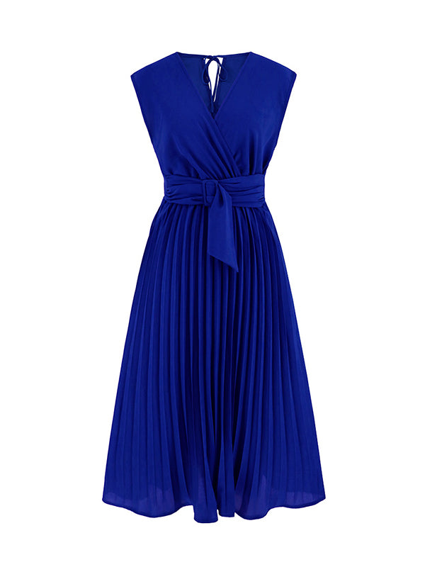 Sleeveless Pleated Color Tied Waist V-neck Midi Dresses