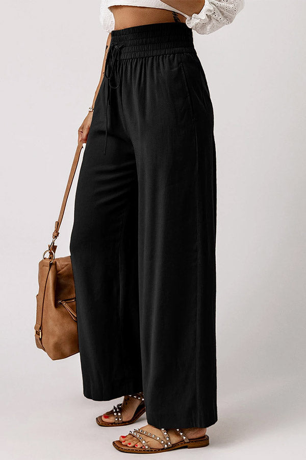 Drawstring Shirred Elastic Waist Wide Leg Pants