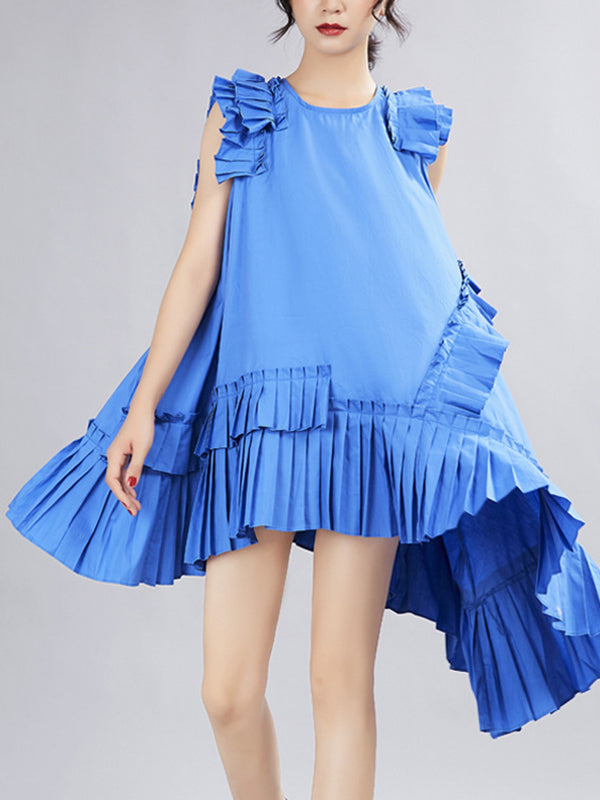 Flying Sleeves Loose Asymmetric Pleated Color Split-joint Round-neck Midi Dresses