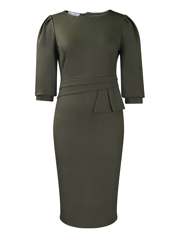 Bodycon Half Sleeves Pleated Color Split-back Split-joint Zipper Round-neck Midi Dresses