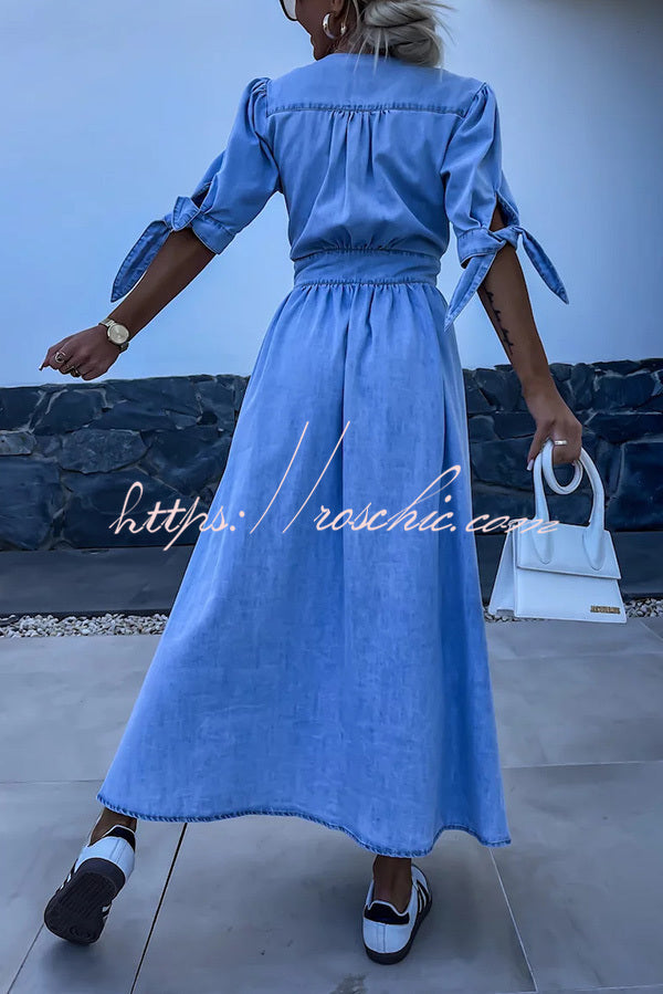 Color V-neck Button-down Denim Midi Dress