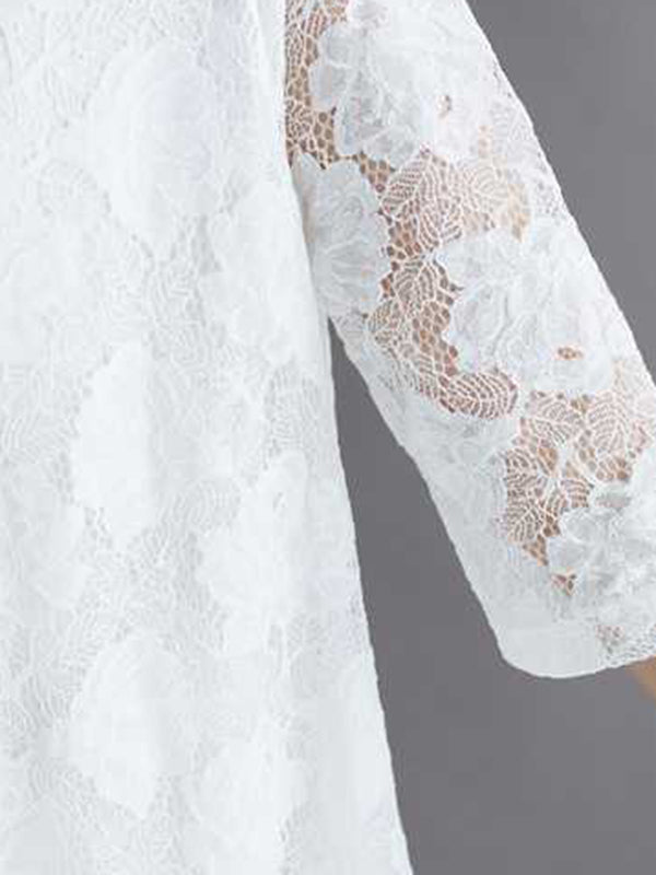 Half Sleeves Loose Hollow Color Round-neck Midi Dresses