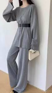 Gray - Knitted Wide-leg Pants & Sweater Two Piece Set