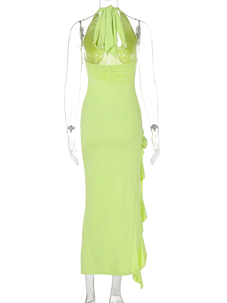 Flower Draped Split Long Dress for Halter Deep V Neck Sleeveless Backless Bodycon Club Party Long Dress