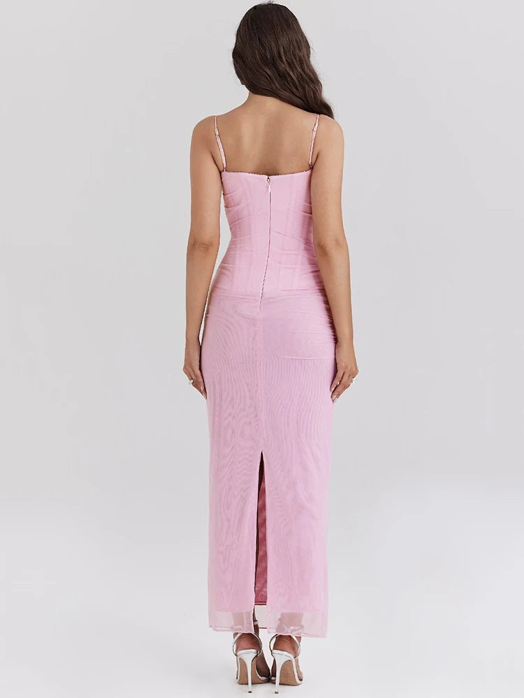 Mesh Maxi Dress for Light Purple Fishbone Spaghetti Strap Sleeveless Backless Party Long Dress New