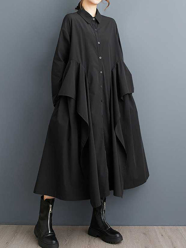 A-line Long Sleeves Buttoned Pockets Ruffle Trim Color Lapel Midi Dresses