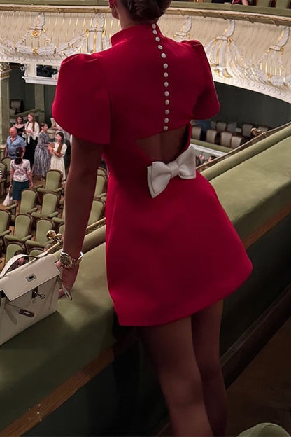 Mockneck Petal Sleeves Bow Knot Cut Out Mini Dress
