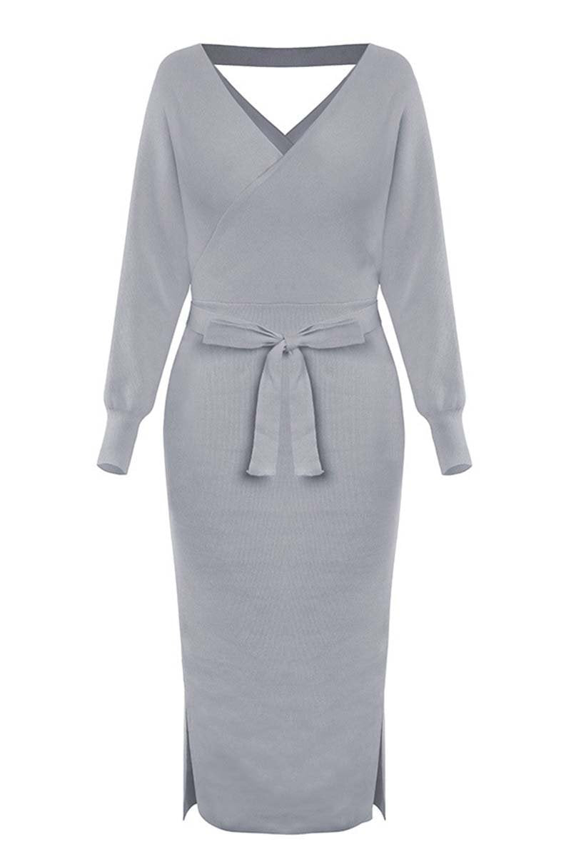 V Neck Backless Sweater Midi Dress(5 Colors)
