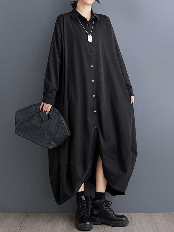 A-line Long Sleeves Buttoned Pockets Color Split-joint Lapel Midi Dresses Shirt Dress