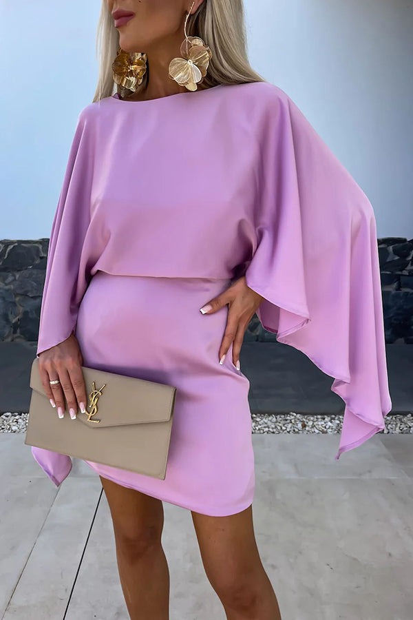 Wings Satin Butterfly Sleeves Elastic Waist Formal Mini Dress