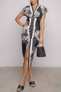 Unique Bella Contrast Color Unique Print Dolman Sleeve Ruched Slit Midi Dress