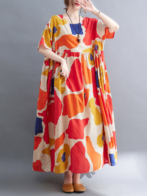 Artistic Retro Short Sleeves Loose Contrast Color Printed Round-neck Midi Dresses
