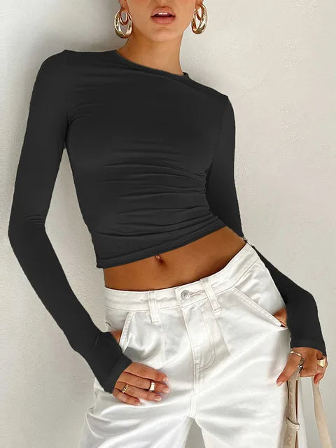 T-shirt Long Sleeve Crew Neck Slim Fit Crop Top With Thumb Holes for Daily Summer Camis