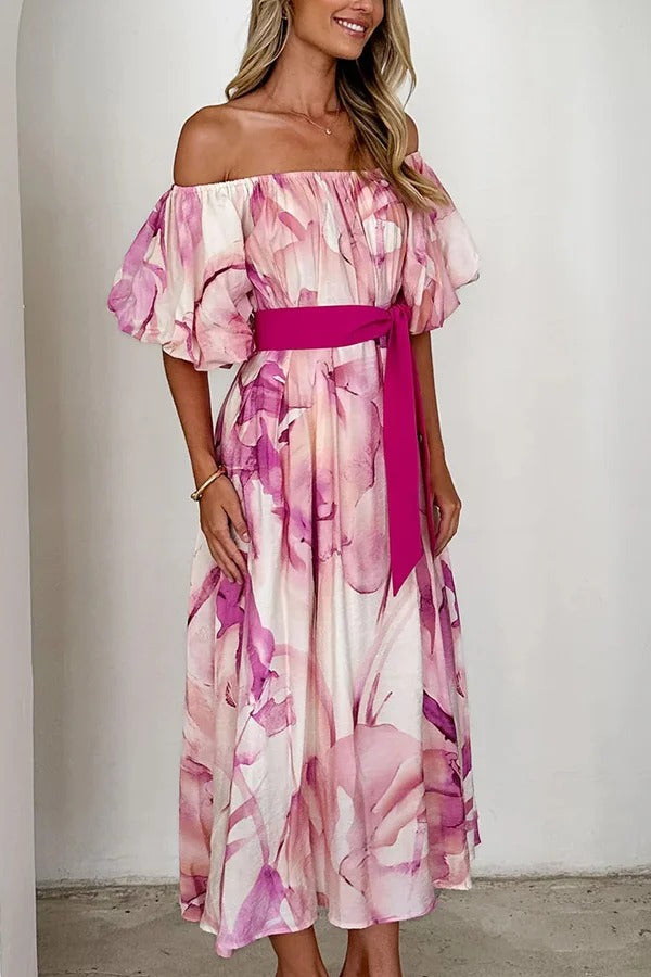 Print Puff Sleeve Tie-waist Midi Dress