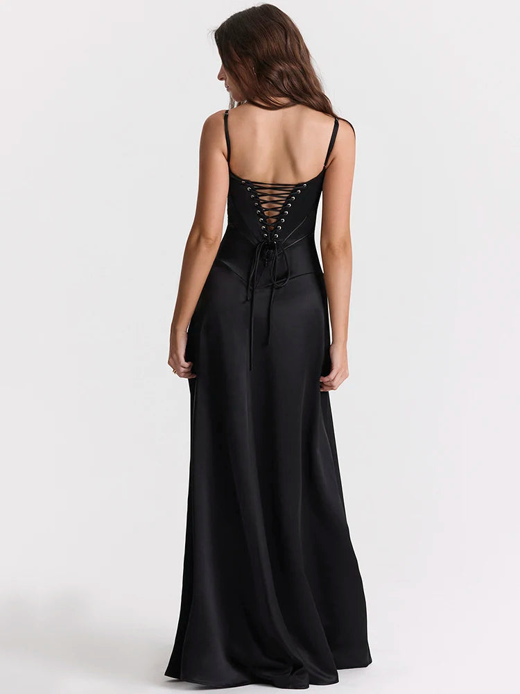 Lace-up Satin Maxi Slipdress Black Spaghetti Strap Sleeveless Backless Maxi Dress Femme Club Party Evening Dress